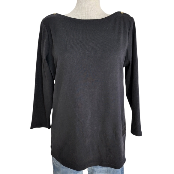 Lands' End Black Quarter Sleeve Gold Button Boat Neck Women's Top Size L - Picture 1 of 5